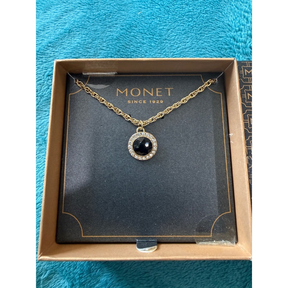 Monet Gold Tone Black Stone Clear Crystal Halo Round Pendant Rope Chain Necklace